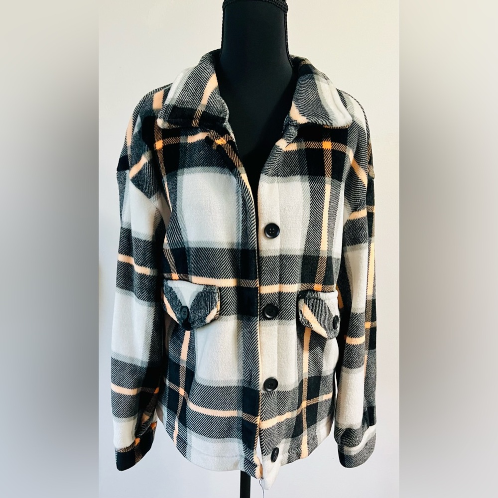 SHEIN Black and White Plaid Teddy Jacket